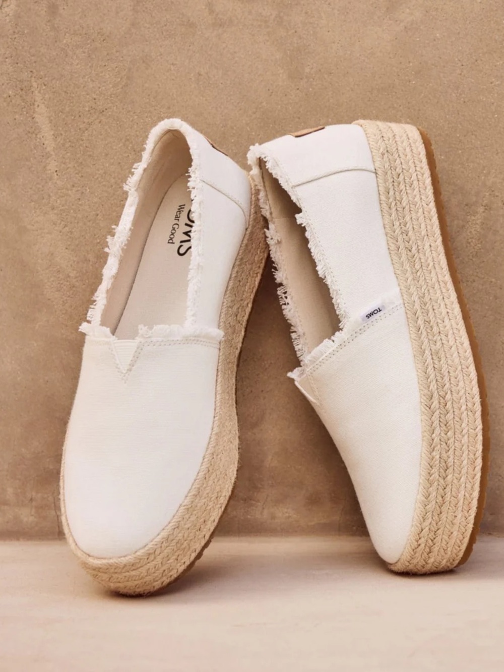 TOMS Cream Slip-On Espadrille Platform with Frayed Trim